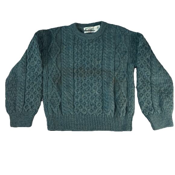 Aran Crafts Fisherman Sweater Unisex Small Green Cable Knit Crewneck Chunky Wool - Picture 1 of 9